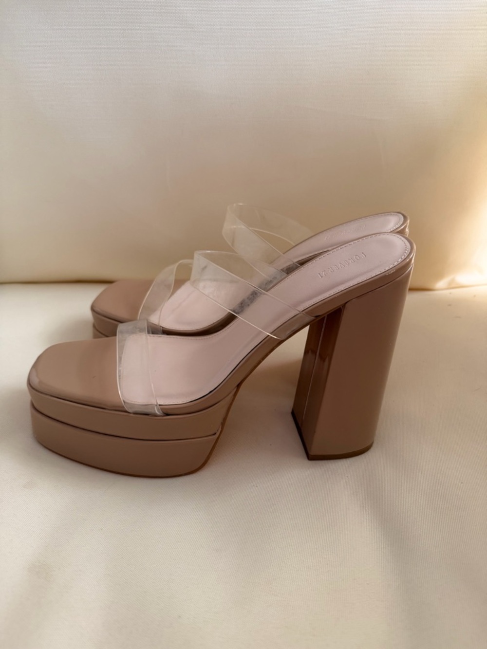 Platform High Block Mule in Nude with Clear Straps - Picture 3 of 10